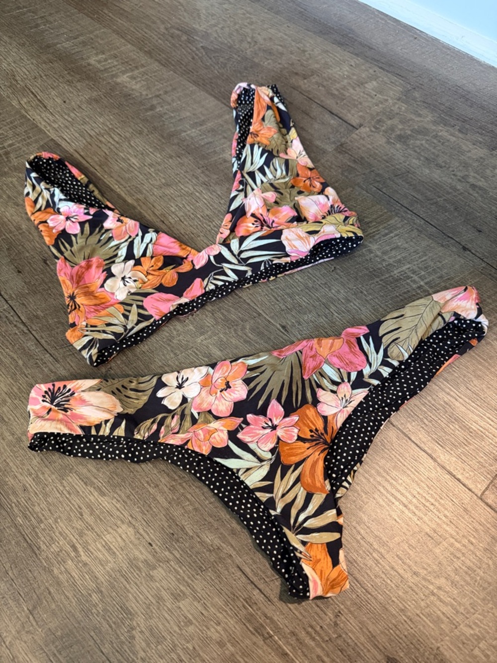 Reversible Floral Two-Piece Bikini Set in Pink & Orange on Black